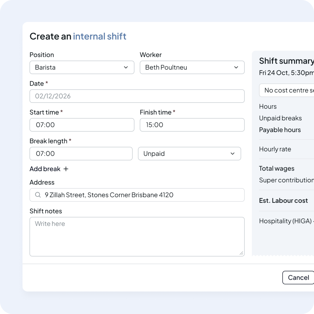 The Shiftly rostering calendar