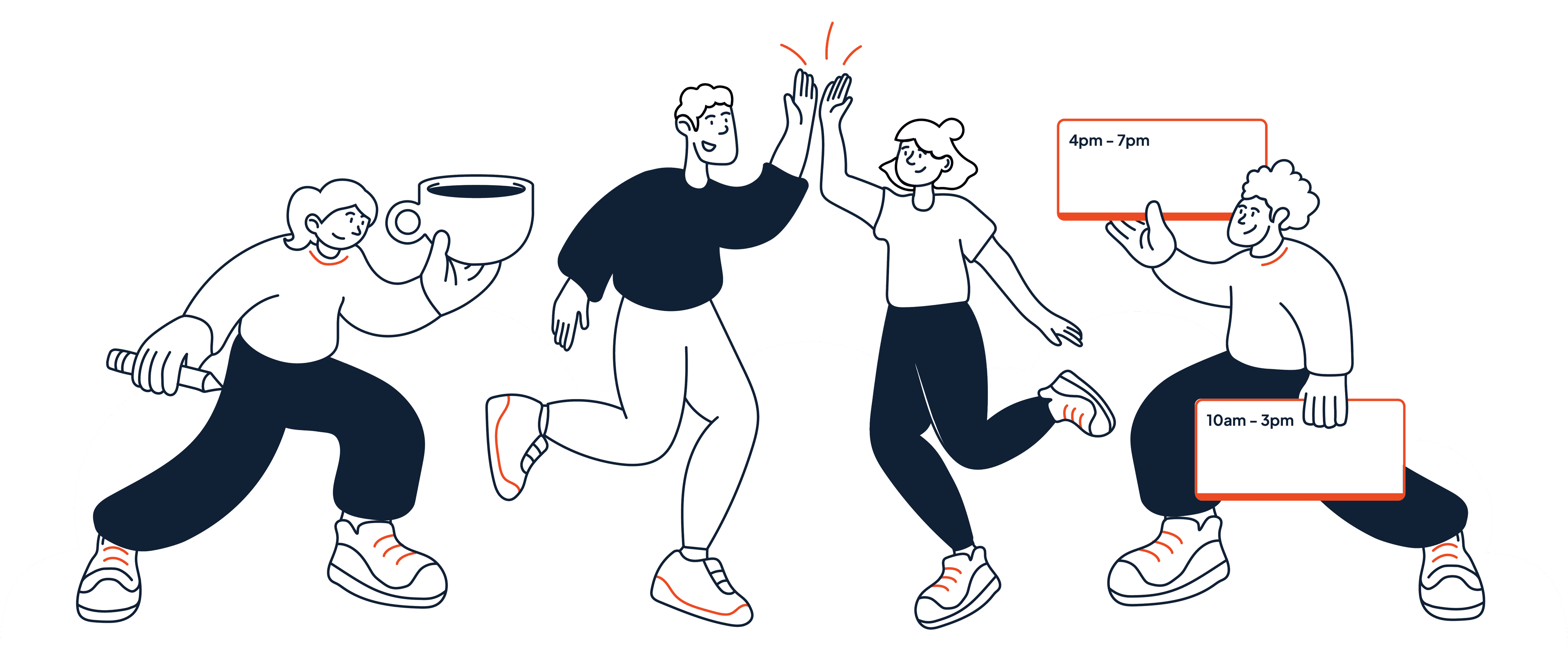 Four hospitality staff celebrating, one raising a coffee cup and two holding shift cards