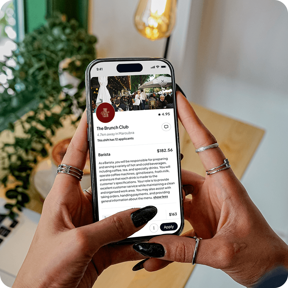 Shiftly On-Demand on a phone: a barista shift at a cafe with the pay, applicant count and an Apply button
