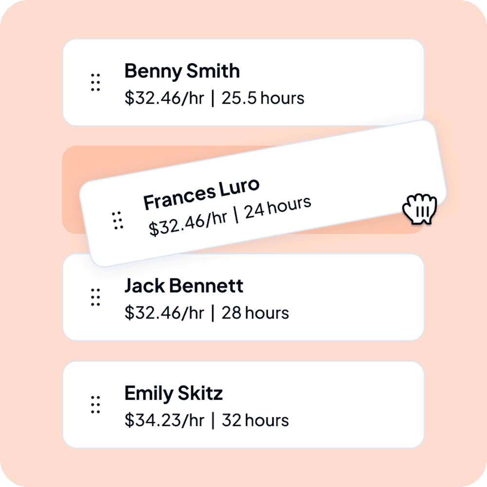 Shiftly staff list showing each person's hourly rate and rostered hours, with one being dragged to reorder