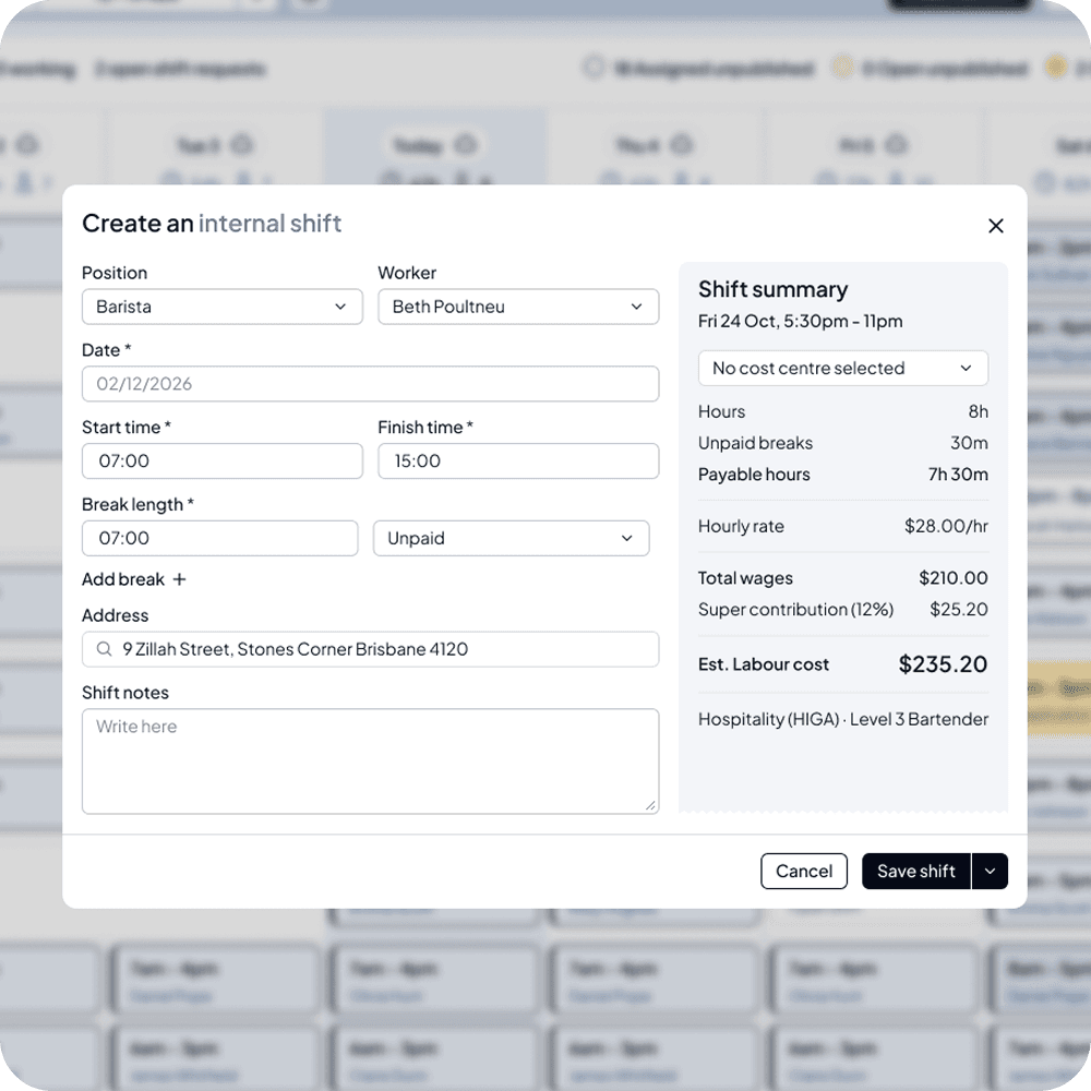 Shiftly create shift form with a shift summary of payable hours, wages, super and estimated labour cost