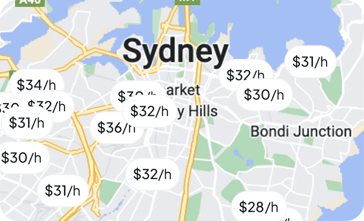 Map of Sydney showing hourly pay rates for nearby shifts