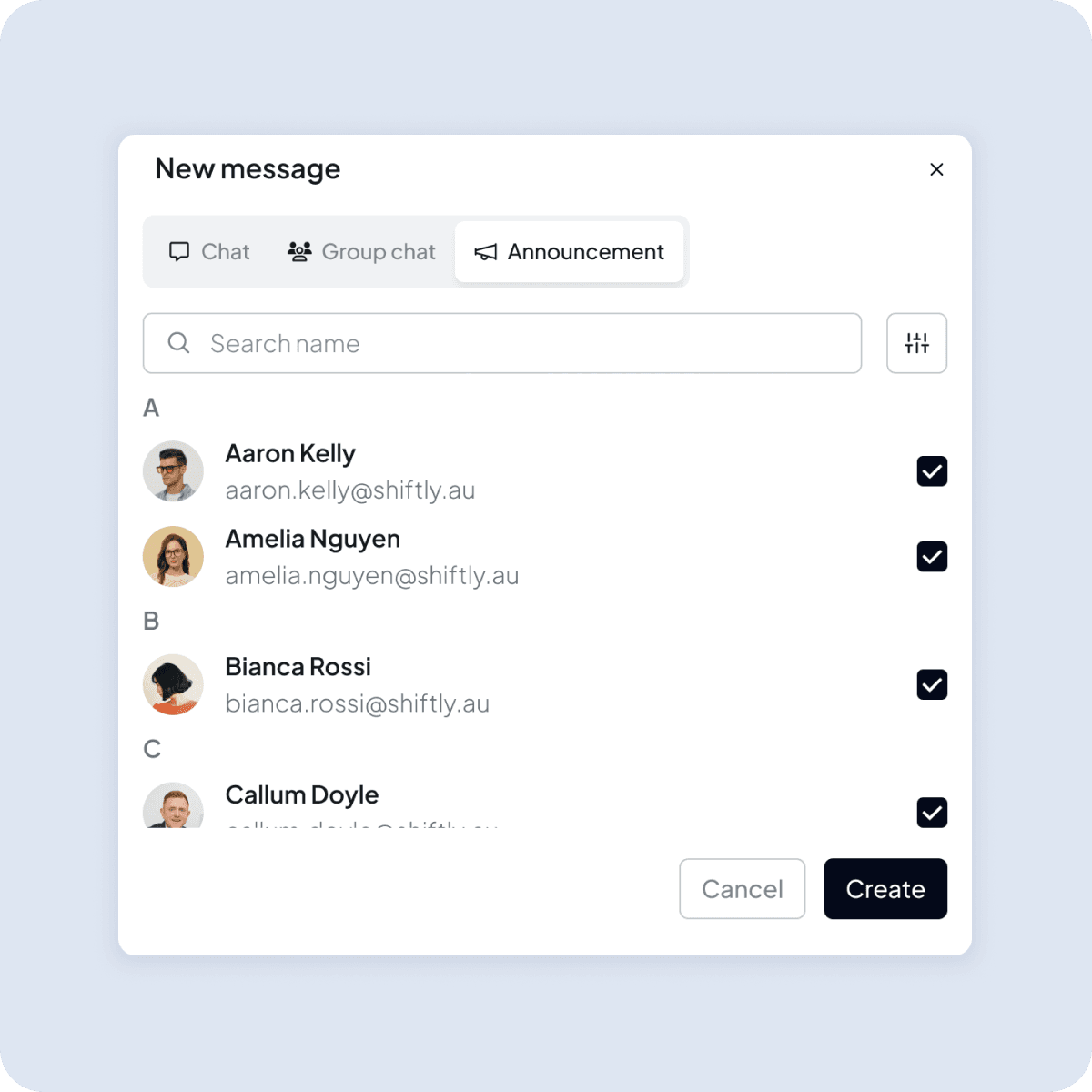 Creating an announcement in Shiftly and choosing which staff receive it