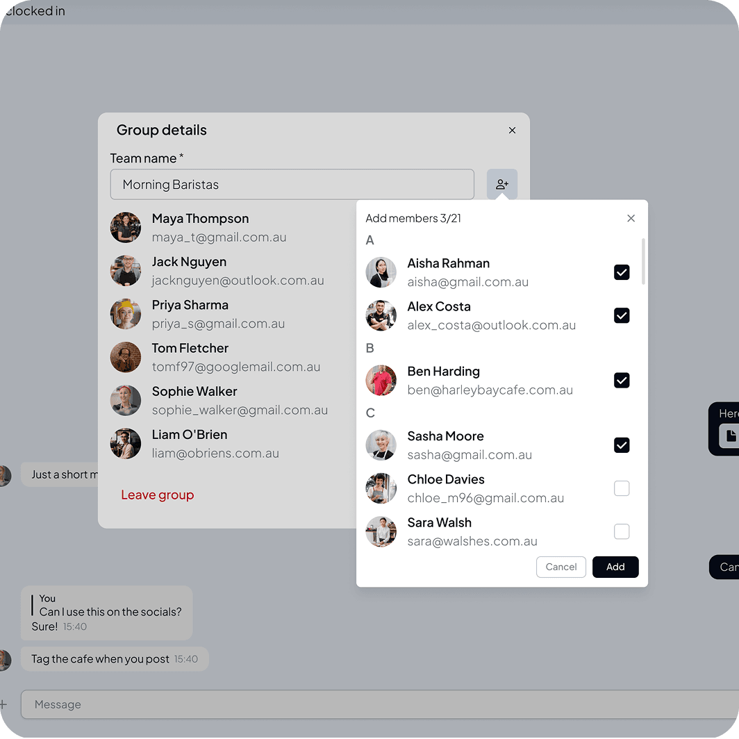 Group details for a staff chat, with members listed and more being added