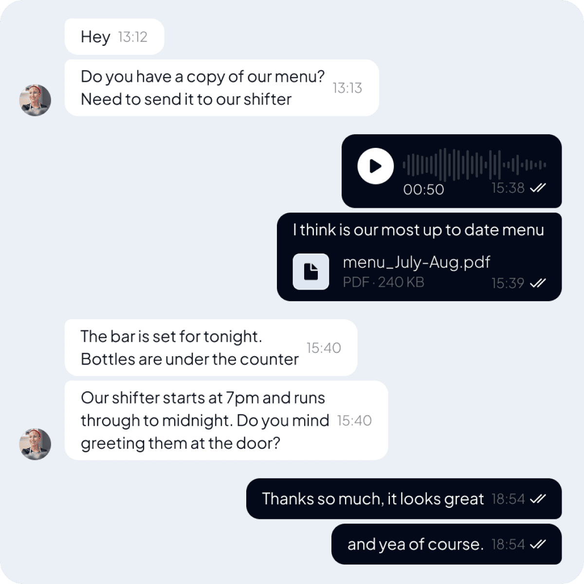 A Shiftly conversation showing delivered and seen ticks on each message