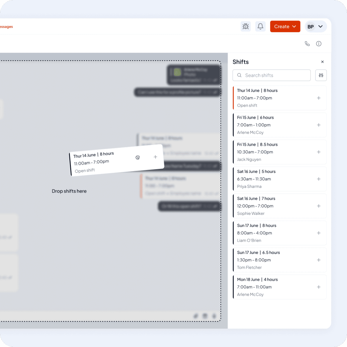 Dragging a shift into a Shiftly conversation, where it arrives as a shift card