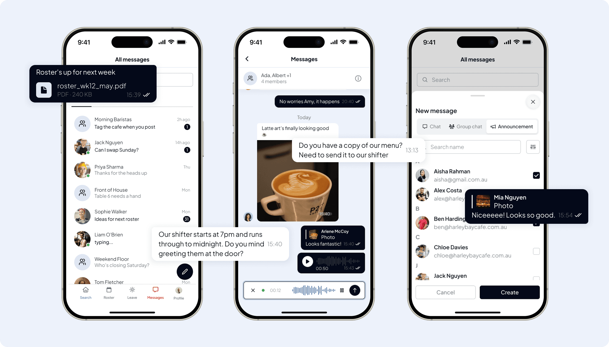 Shiftly messaging on mobile: the inbox, a team conversation, and the new message sheet
