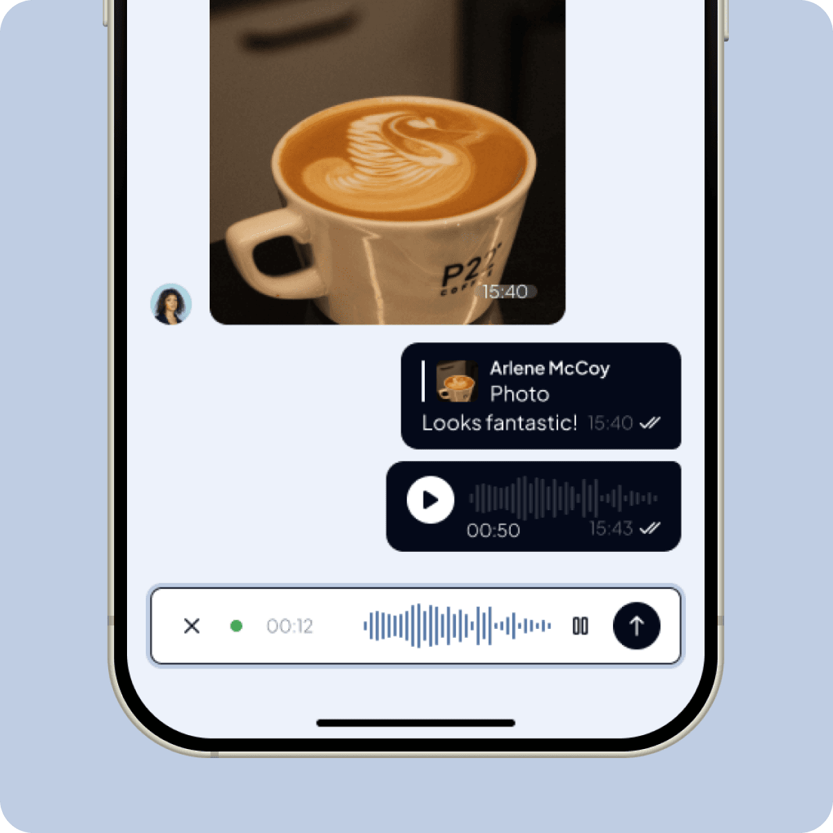 Recording a voice note in a Shiftly chat, with a photo shared in the thread above