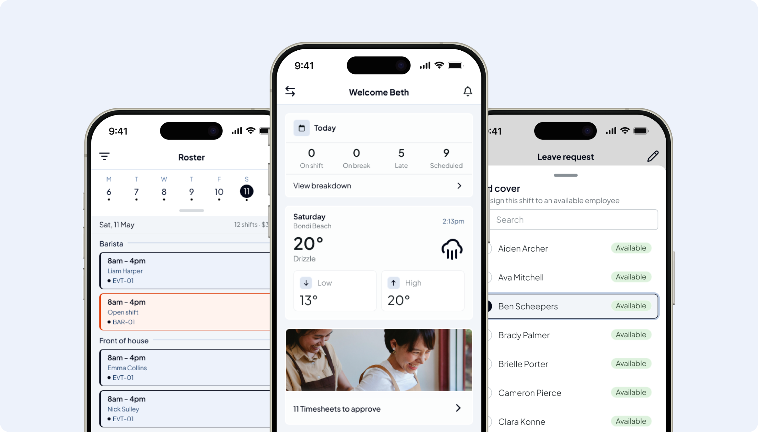 The Shiftly Go app: roster, timesheet approvals and the live team board on mobile